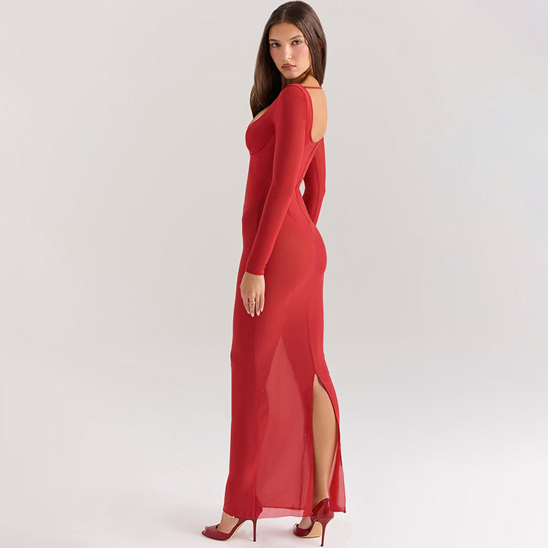Damen transparentes Maxikleid mit figurformendem Schnitt R&B