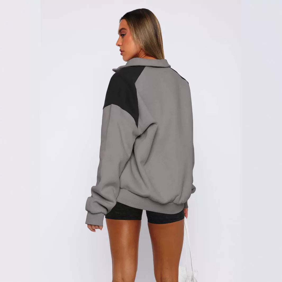 Damen lässiger Sweatshirt mit halbem Reißverschluss und kontrastierenden Ärmeln R&B