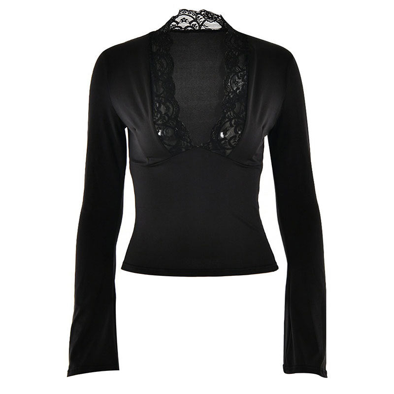 Damen Elegantes Langarm-Top mit Spitzenkragen R&B