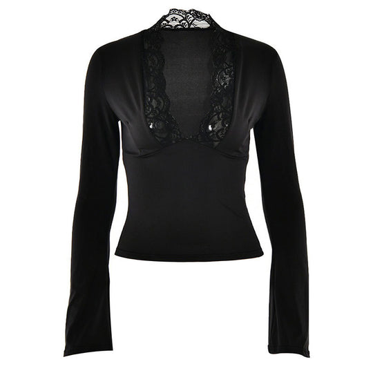 Damen Elegantes Langarm-Top mit Spitzenkragen R&B