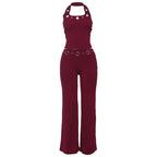 Damen Modischer Jumpsuit mit dekorativem Halterkragen und Gürteldetails R&B