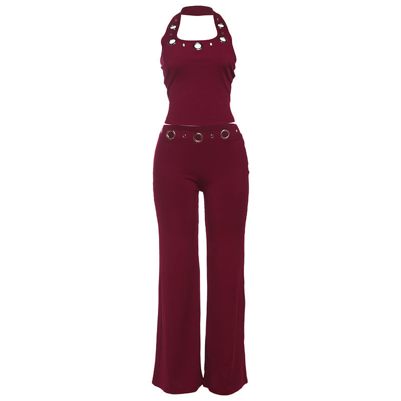 Damen Modischer Jumpsuit mit dekorativem Halterkragen und Gürteldetails R&B