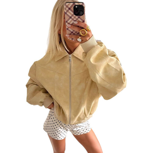 Damen trendy Kunstlederjacke mit voluminösen Ärmeln R&B