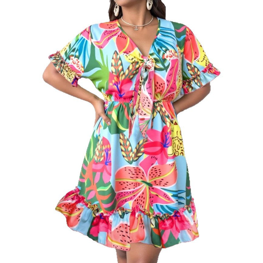 Damen sommerliches Kleid mit voluminösen Rüschen und floralem Design R&B