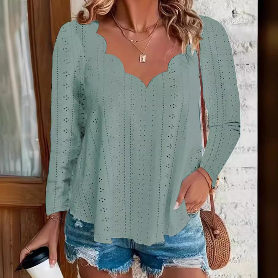 Damen luftiges Blusenshirt mit modernen Lochmuster und elegantem Ausschnitt R&B