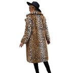 Damen Langer Mantel mit Leopardenmuster und weichem Kunstfell R&B