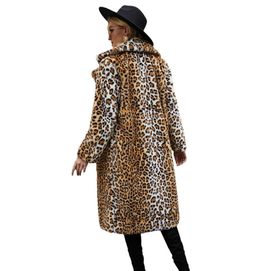 Damen Langer Mantel mit Leopardenmuster und weichem Kunstfell R&B