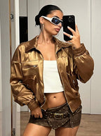 Damen Bomberjacke im glänzenden Satin-Look mit seitlichen Reißverschlusstaschen R&B