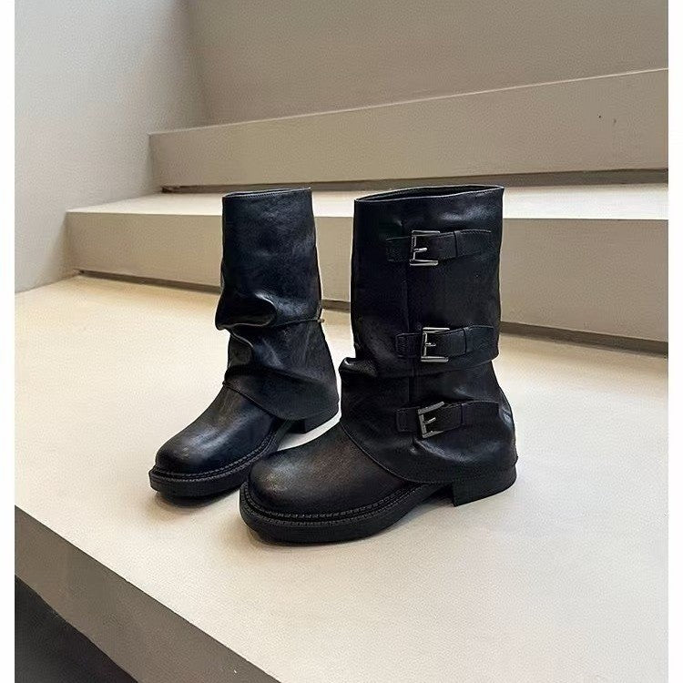 Damen Steppstiefel mit modischen Schnallen und flexiblem Schaftrand R&B
