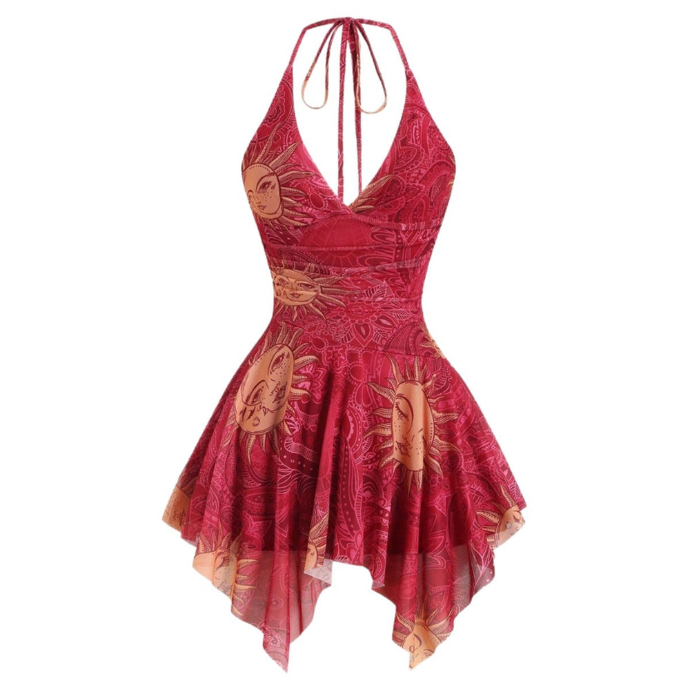 Damen lässiges Strandkleid mit asymmetrischem Saum und raffiniertem Druck R&B