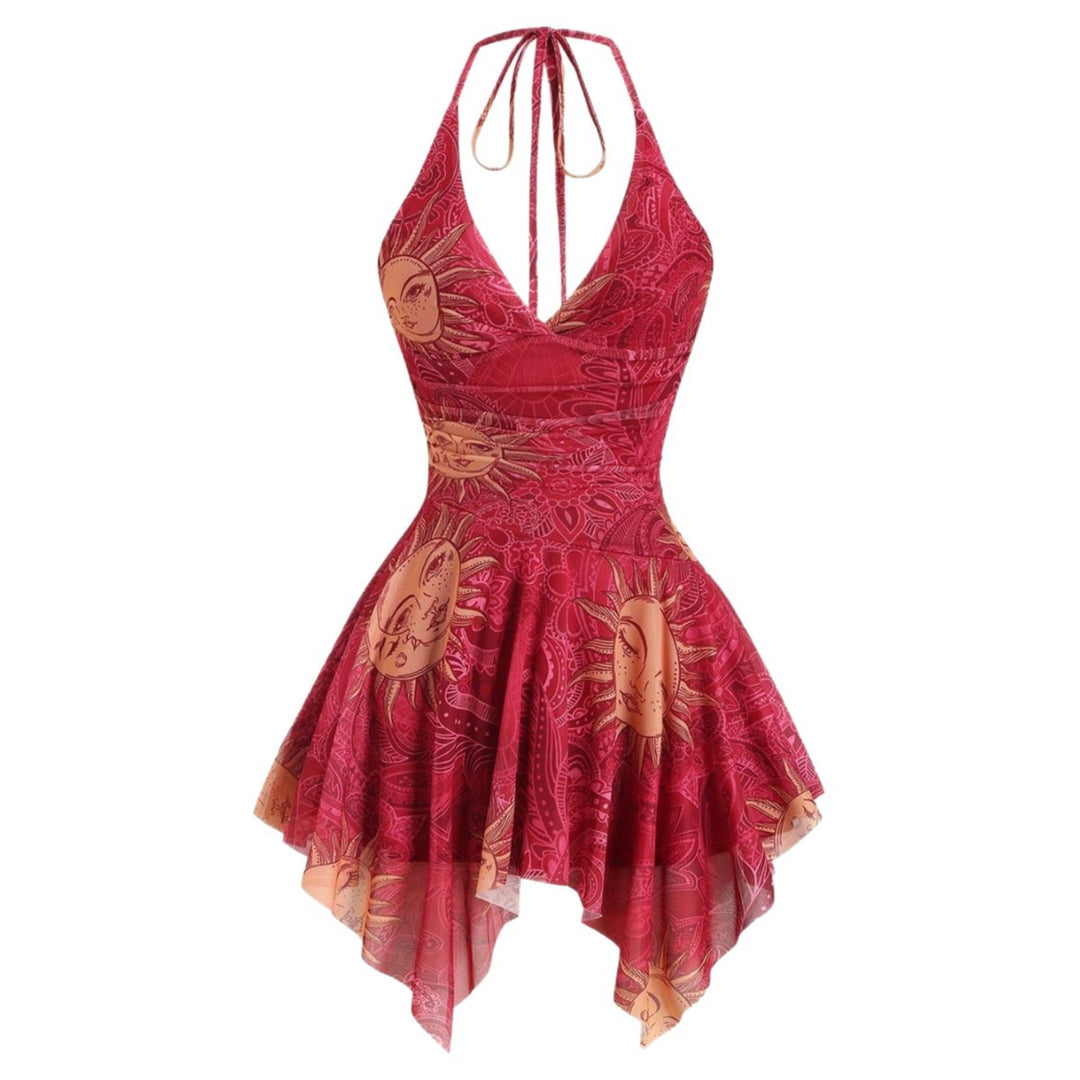 Damen lässiges Strandkleid mit asymmetrischem Saum und raffiniertem Druck R&B