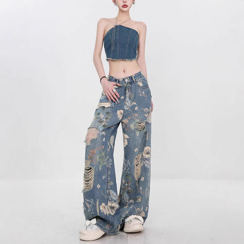 Damen Weit geschnittene Jeans mit floralem Design und schickem Destroyed-Effekt R&B