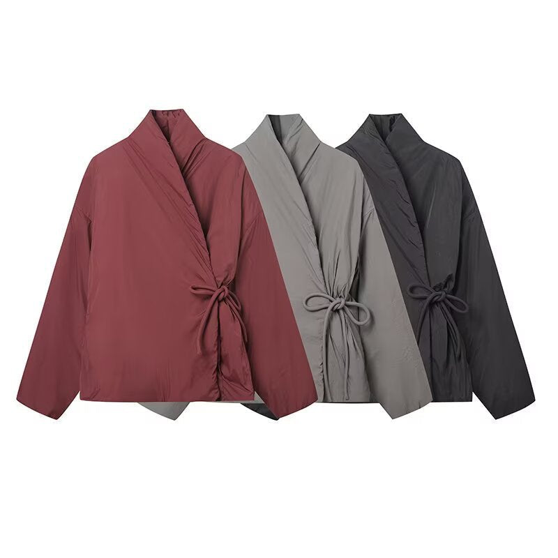 Damen modische Übergangsjacke mit hohem Kragen und Bindegürtel R&B