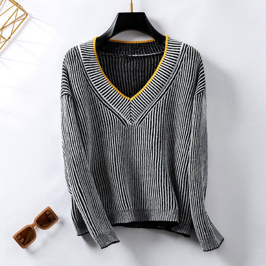Damen Strickpullover mit V-Ausschnitt und gestreiftem Design R&B