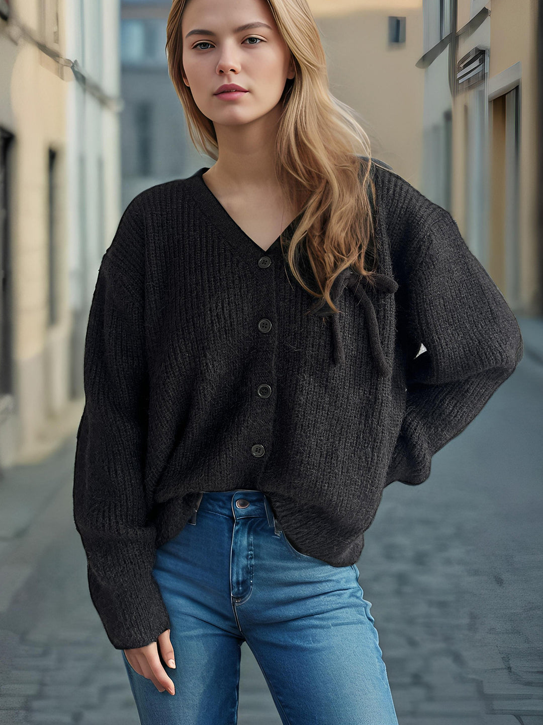 Damen Cardigan mit feinem Strukturmuster und dekorativen Knopfdetails R&B