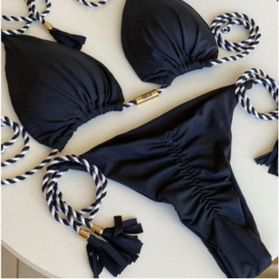 Damen Triangel-Bikini mit modischem Leopardenmuster und dekorativen Quasten R&B