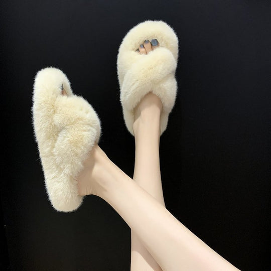 Damen Flauschige Hausschlappen mit gewendeten Riemen und ergonomischem Fußbett R&B