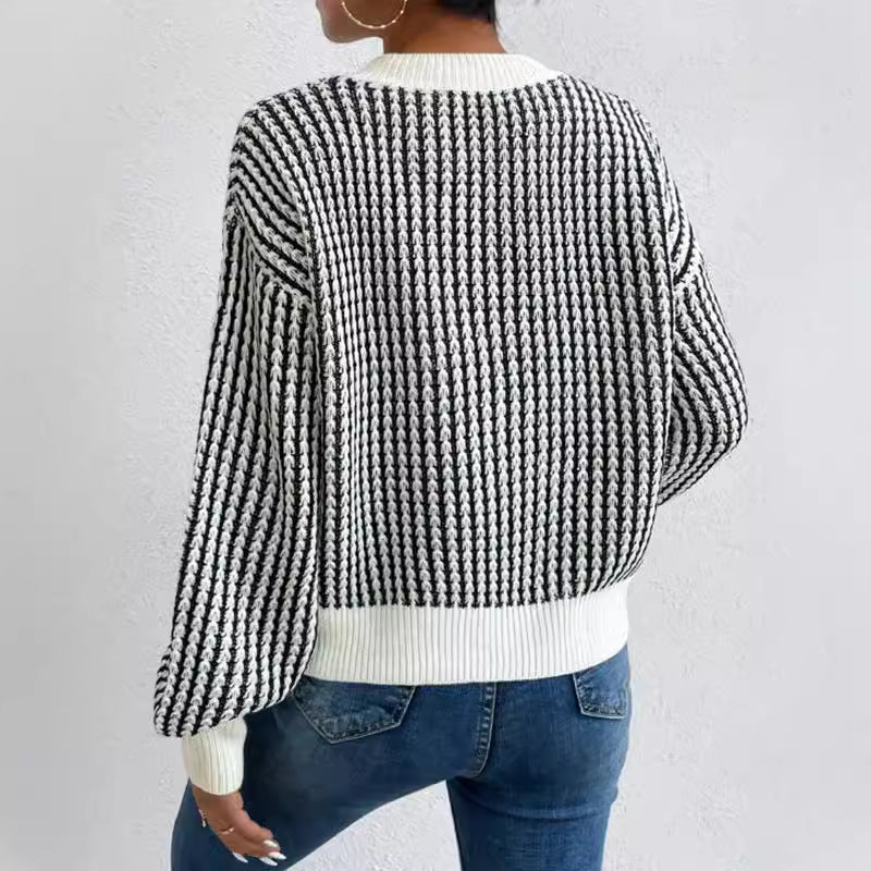 Damen lässiger Strickpullover mit voluminösen Ärmeln und strukturiertem Muster R&B