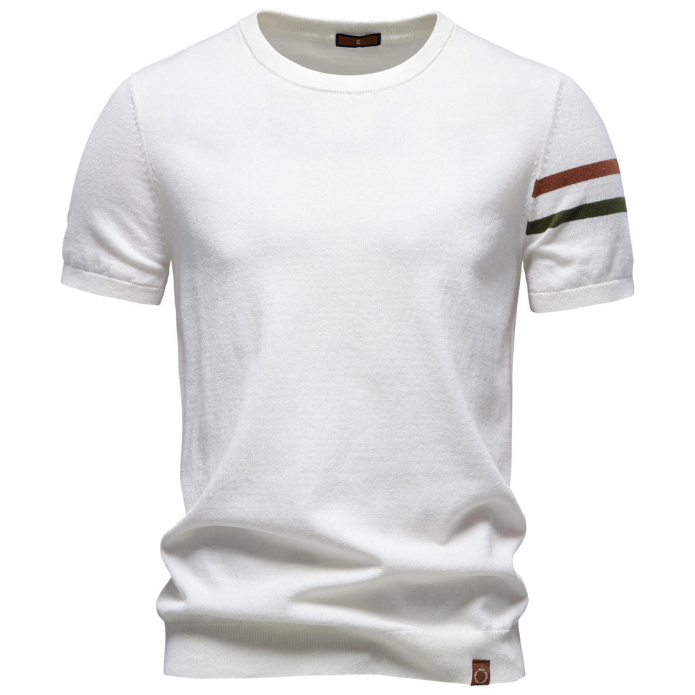 Herren nan feines Baumwollstrickshirt mit Rundhalsausschnitt kurzärmelig und kontrastierenden Ärmelstreifen R&B