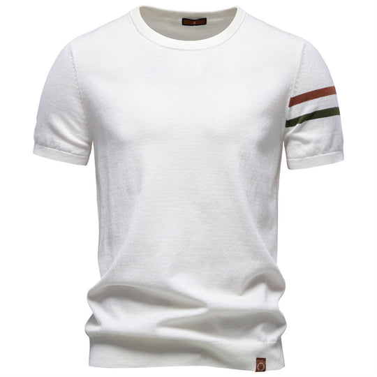 Herren nan feines Baumwollstrickshirt mit Rundhalsausschnitt kurzärmelig und kontrastierenden Ärmelstreifen R&B