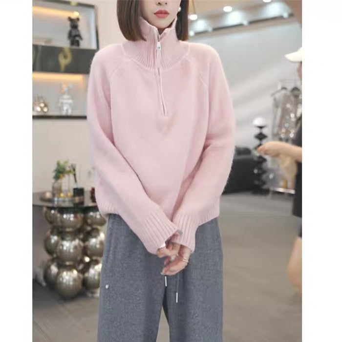 Damen Strickpullover mit hohem Kragen und praktischem Reißverschluss R&B