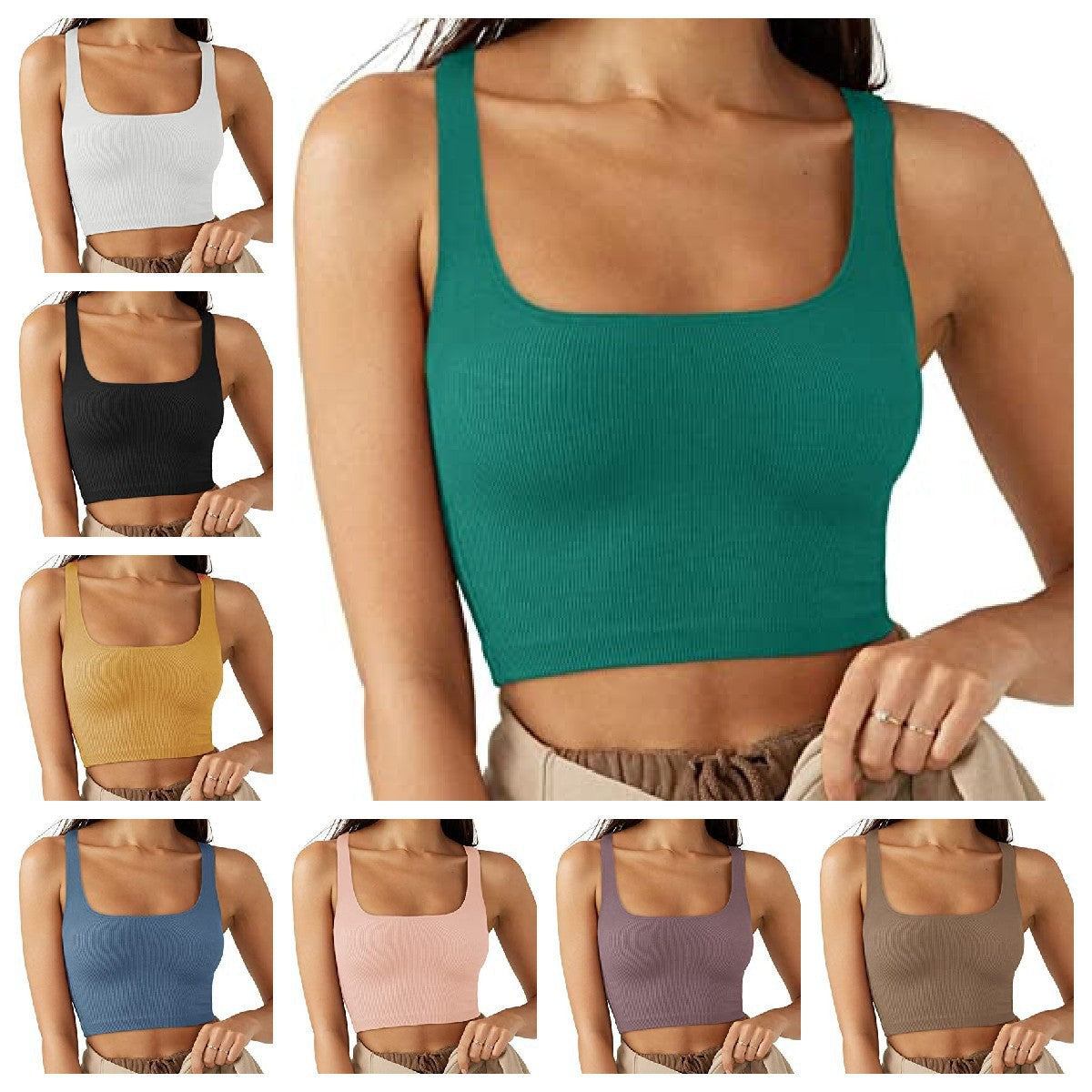 Damen cropped Top mit breiten Trägern und feinem Rippenmuster R&B