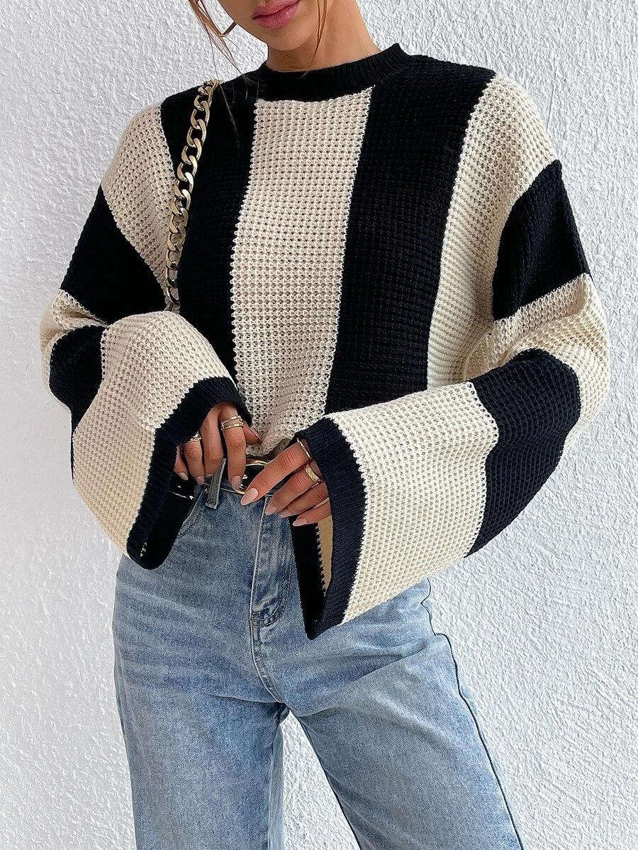 Damen Strickpullover mit strukturiertem Wabenmuster und weiten Ärmeln R&B