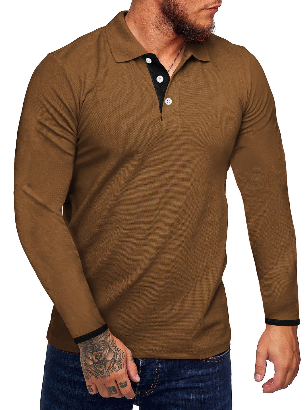 Herren Langarm-Polohemd mit kontrastierenden Knopfdetails R&B