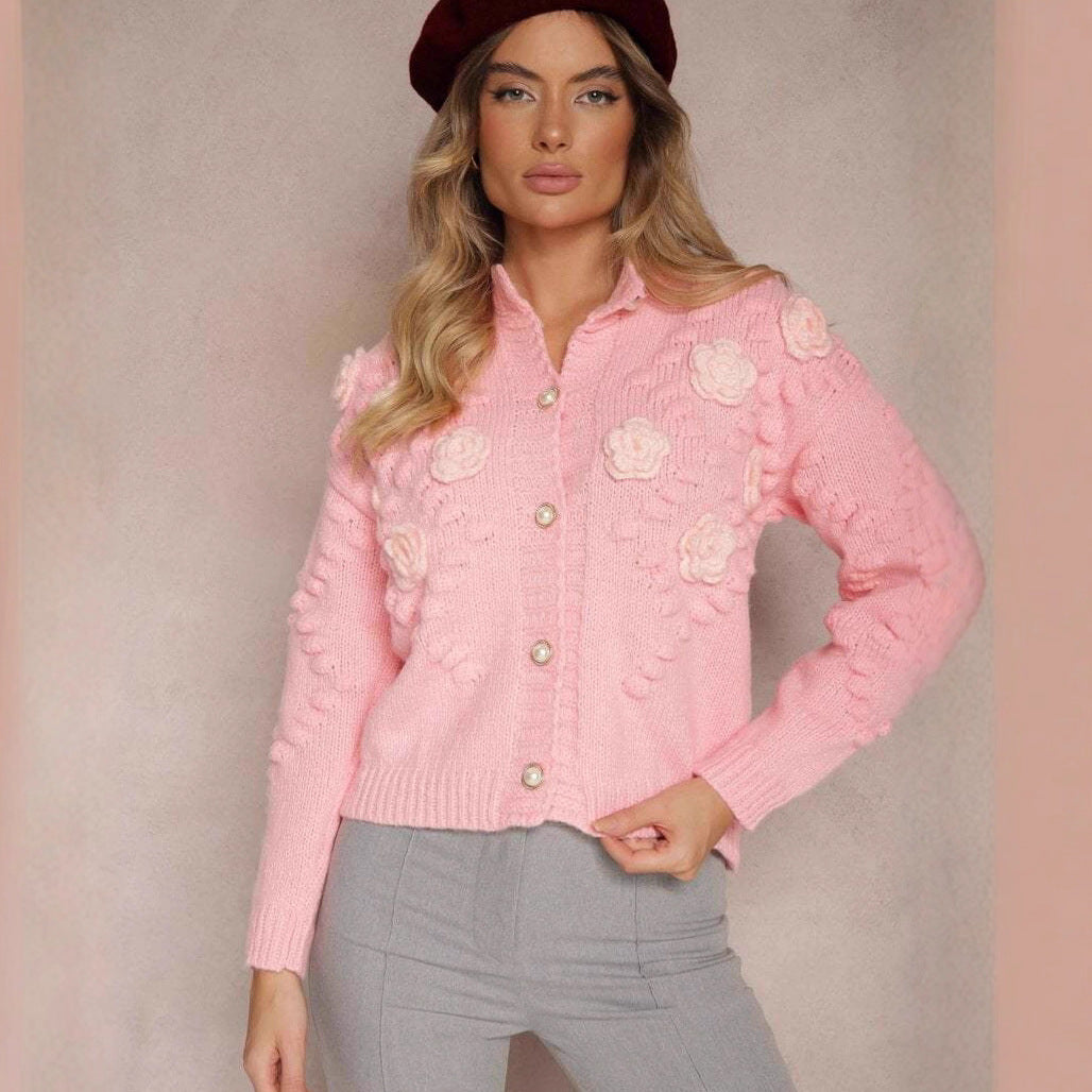 Damen Strickjacke mit floralen Details und Knopfverschluss R&B