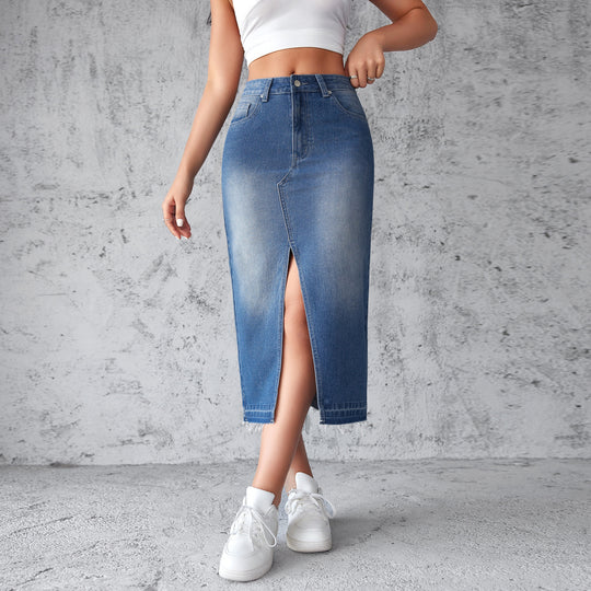 Damen Jeansrock mit hoch geschnittenem Schlitz und fransigem Saum R&B