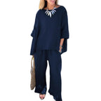 Damen lässiges Leinen-Outfit mit weitem Schnitt und angeschnittenen Ärmeln R&B