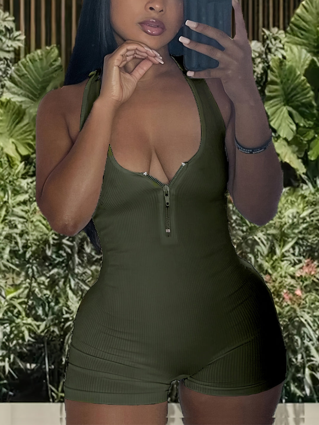 Damen Jumpsuit mit tiefem Ausschnitt und Reißverschluss R&B