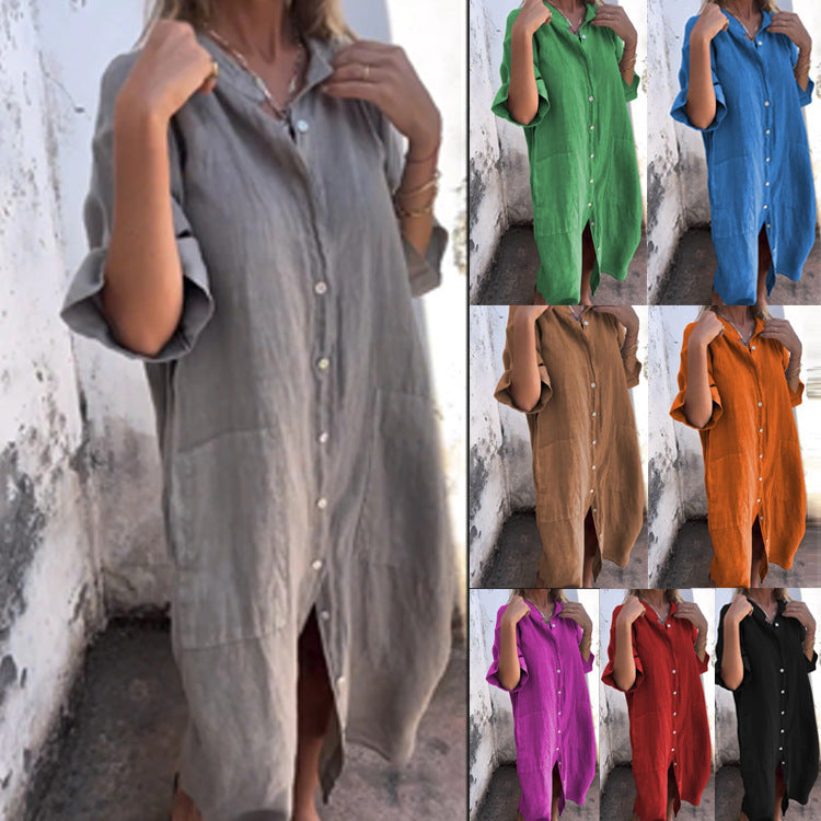 R&B | Lässiges Baumwoll-Leinen Shirtkleid mit Dreiviertelärmeln