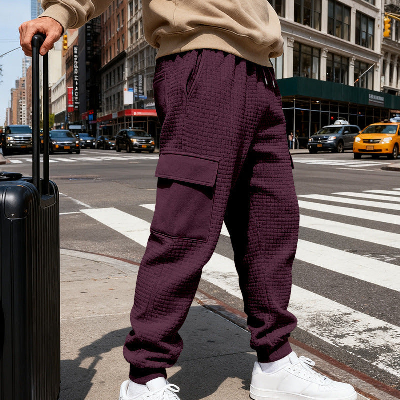 Herren nan Waffelstruktur Cargohose im Joggingstil mit Klappentaschen und elastischem Bund R&B
