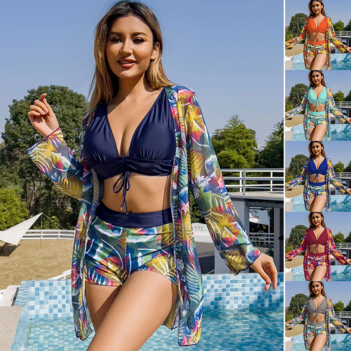 Damen Bikini-Set mit floralem Wickeloberteil und bequemen Shorts R&B