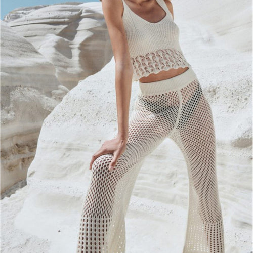 Damen luftiges Cropped-Häkeloberteil und Hochtaillierte Netzhose R&B