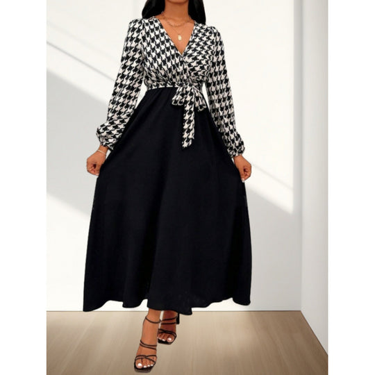 Damen Maxi-Kleid mit Kreuzverschluss und elegantem Hahnentrittmuster R&B