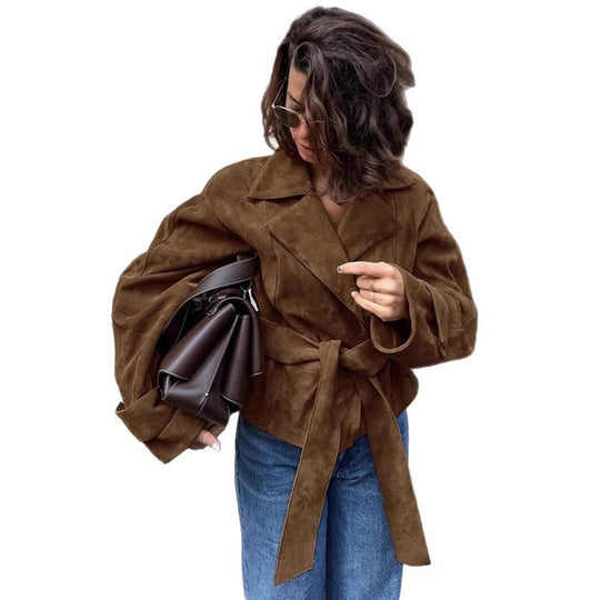 Damen Modische Wildlederjacke mit Gürtel und tailliertem Schnitt R&B