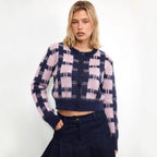 Damen cropped Strickjacke mit modernem Karomuster und knöpfbarem Design R&B