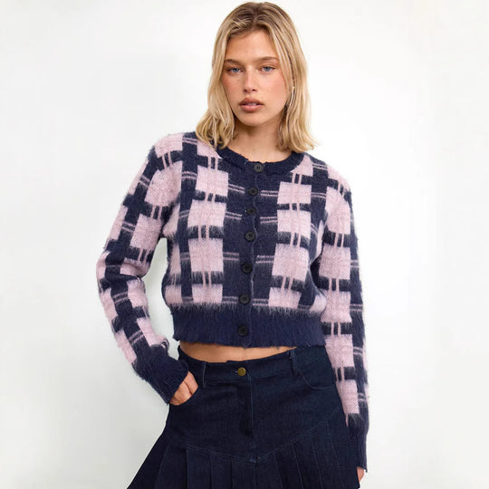Damen cropped Strickjacke mit modernem Karomuster und knöpfbarem Design R&B
