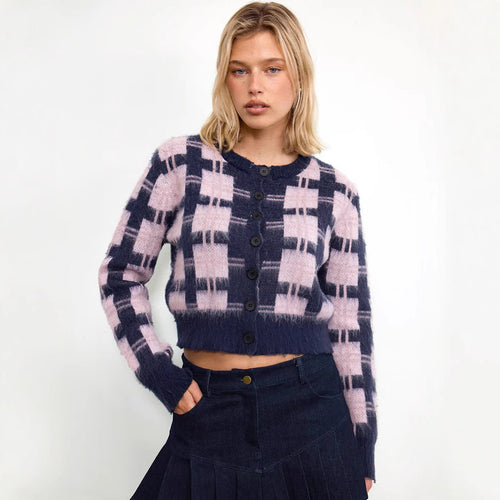 Damen cropped Strickjacke mit modernem Karomuster und knöpfbarem Design R&B