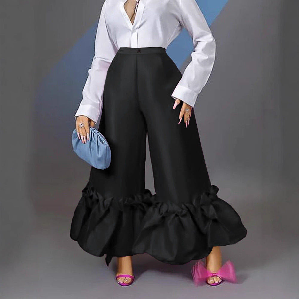 Damen Weite Satinhose mit Rüschenabschluss R&B