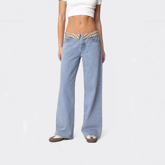 Damen Weite Jeans mit kariertem Bund R&B