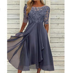 Damen nan V-Ausschnitt Chiffon-Midikleid mit besticktem Bustier, transparenten dreiviertel-Ärmeln und asymmetrischem Lagenrock R&B