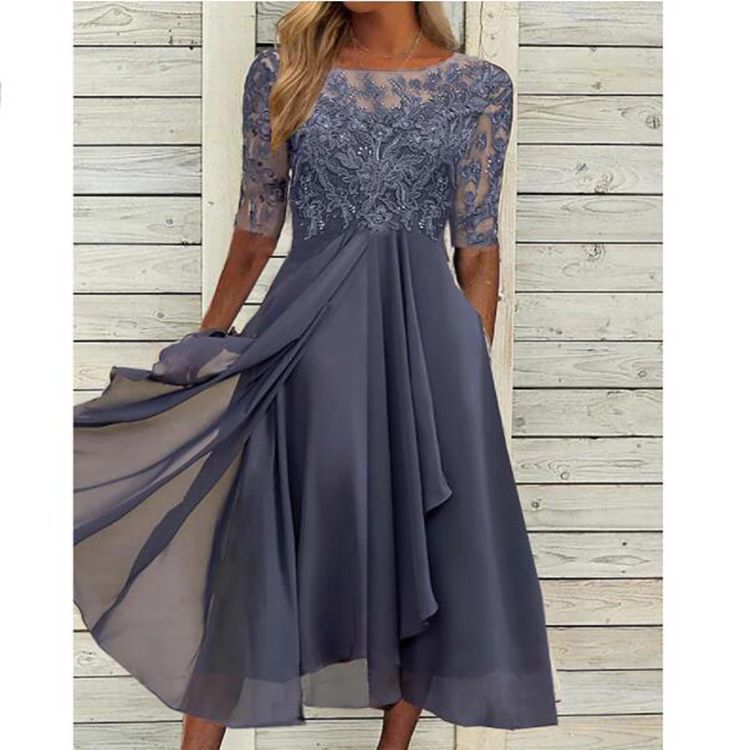 Damen nan V-Ausschnitt Chiffon-Midikleid mit besticktem Bustier, transparenten dreiviertel-Ärmeln und asymmetrischem Lagenrock R&B