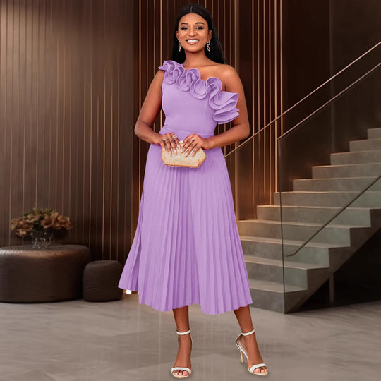 Damen Elegantes Midi-Kleid mit asymmetrischem Rüschen-Ausschnitt R&B