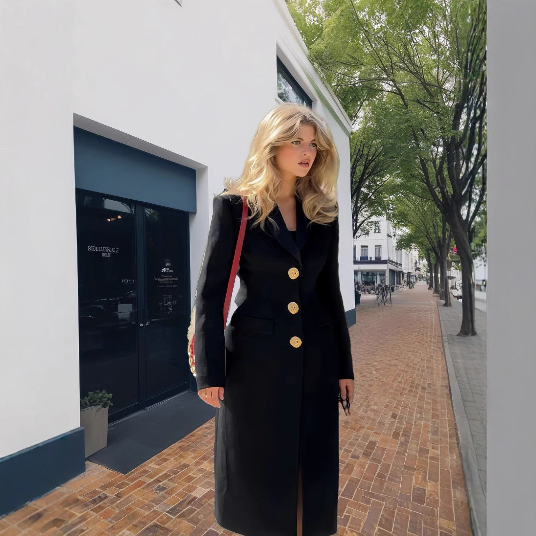 Damen Eleganter Langmantel mit goldenen Knöpfen und klassischem Schnitt R&B