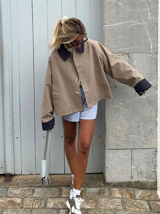 Damen lässige Oversized-Jacke mit kontrastierendem Kragen R&B