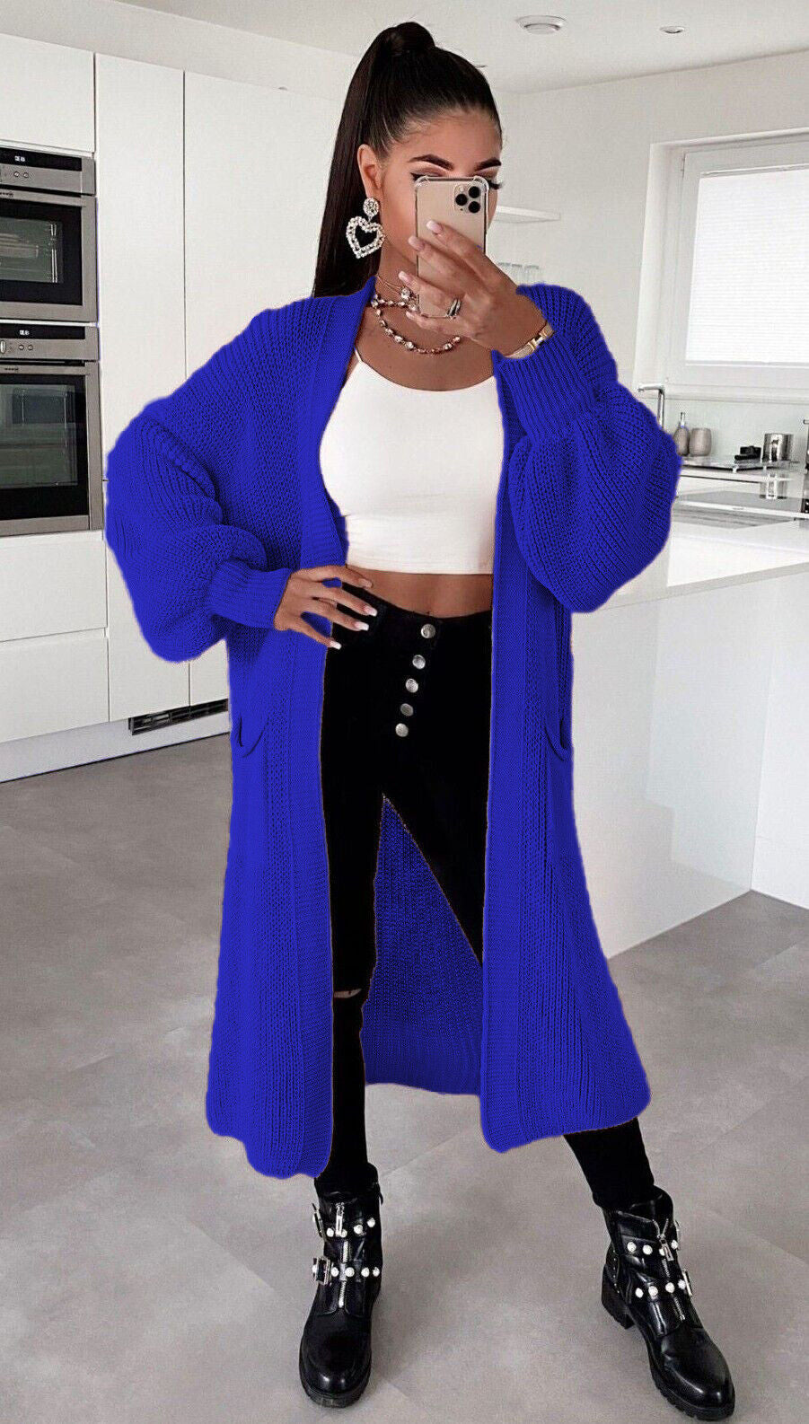 Damen Langer Strickmantel mit großzügigen Taschen R&B