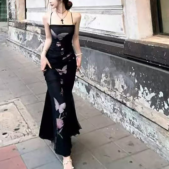 Damen elegantes Wickelkleid mit floralem Schmetterlingsdruck und verstellbaren Spaghetti-Trägern R&B